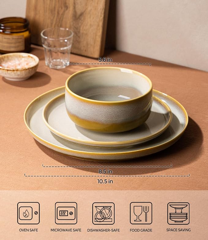 TheTerra Ceramic Dinnerware Sets for 4, 12 Pieces Handmade Reactive Glaze Plates and Bowls Set, Scratch Resistant Dish Set, Oven & Microwave & Dishwasher Safe, Autumn Haze
