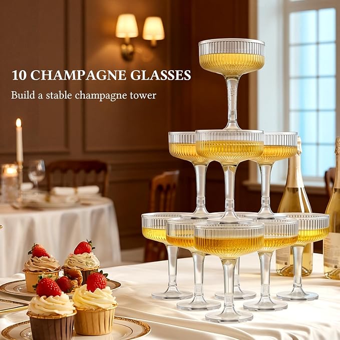Goodluck 3-Tier Champagne Glasses - 10 PCS 7oz Clear Plastic Champagne Flutes, Plastic Coupe Glasses with Vertical Stripes for Weddings, Celebrations, Parties & Birthdays