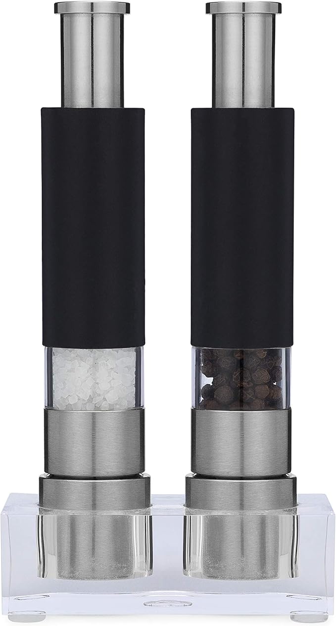 Grind Gourmet Salt and Pepper Grinder Set, Refillable, Pump & Grind, Thumb Press (Reflex Black Set)