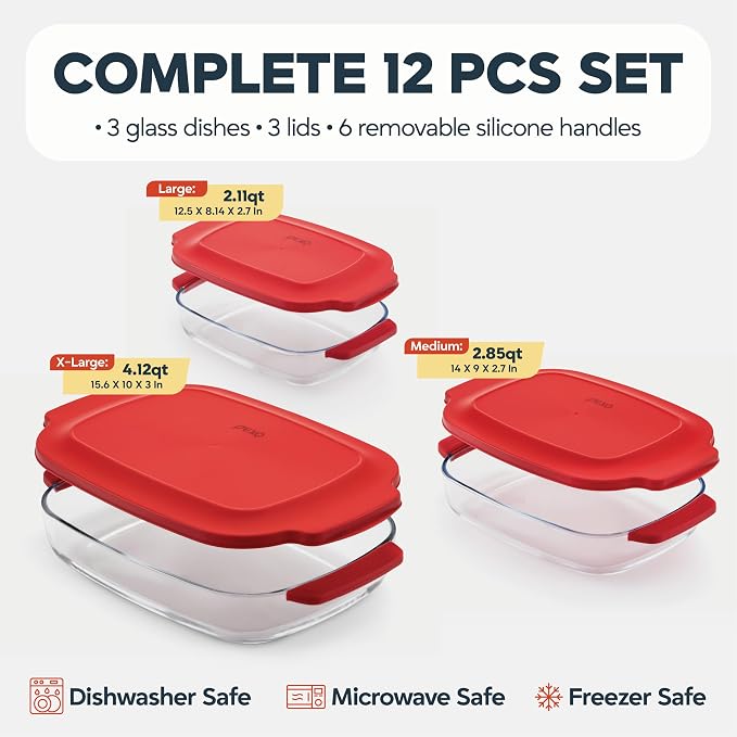 6-Piece Deep Glass Baking Dishes with Plastic Lids, Clear Glass Bakeware with Silicone Handles, (2.11QT, 3QT, 4.12QT) Casserole Dishes, Oven Dishwasher and Freezer safe, Rectangular Stackable Nesting Baking Dish set (Red)