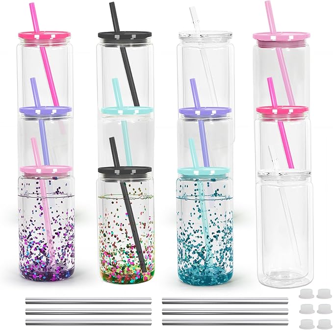 16 oz Acrylic Snow Globe Cups Snow Globe Tumbler Double Wall Snowglobe Tumbler with Pre Drilled Hole Clear Plastic Cups with Colorful Lids and Straws for Iced Coffee Boba Juice Soda 12 Pack