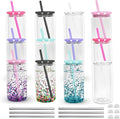 16 oz Acrylic Snow Globe Cups Snow Globe Tumbler Double Wall Snowglobe Tumbler with Pre Drilled Hole Clear Plastic Cups with Colorful Lids and Straws for Iced Coffee Boba Juice Soda 12 Pack