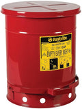 Justrite 10 Gallon Galvanized Steel Oily Waste Can, 18" x 14" Metal Oil Rag Safety Can With Foot Operated Self-Closing Lid for Oil Rag Disposal, Made in the USA, Red, 09300