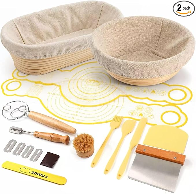 DOYOLLA Bread Proofing Baskets Set, 10 inch Oval & 8.5 inch Round Sour Dough Proofing Bowls w/Tools for Sourdough Bread Baking Supplies, Baking Gifts, Bread Making Kit | Handmade Rattan