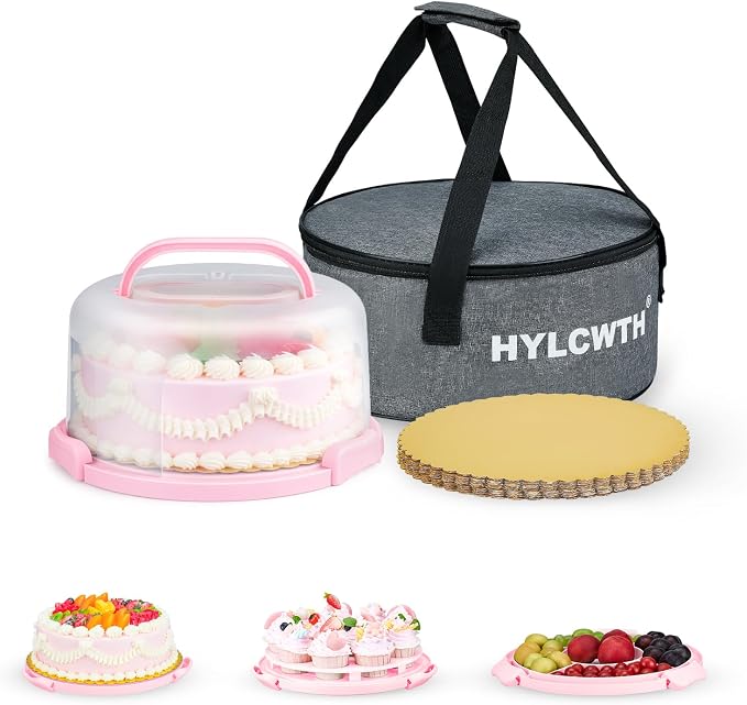 Cake Carrier With Lid And Handle, Bpa-Free Cake Holder With Lid For 10 Inch Round Cake Carrier With 10 pcs Round Golden Cake Boards And Portable Insulated Bag（Pink）
