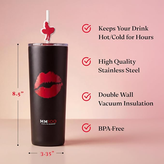Dragon Glassware x Marilyn Monroe 100th Celebration Tumbler, 24 oz - MM100 | Vacuum Insulated Stainless Steel Tumbler with Straw & Lid; Double Walled Tumbler with Straw Charm; Marilyn Monroe Cup