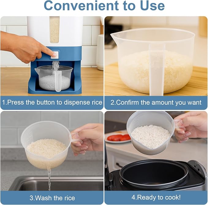 Mity rain Rice Dispenser 20 Lbs with Moisture Absorbing Clay, Rice Storage Container with Measuring Cup, 12 L Cereal Containers Storage Airtight for Kitchen Pantry Organization Blue