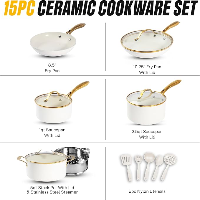 GOTHAM STEEL 15 Pc Ceramic Cookware Set Nonstick – Pots and Pans Set with Cooking Utensils & Steamer, Non Toxic PFOA/PFOS Free, Stay-Cool Handles, Oven & Dishwasher Safe, Cream White