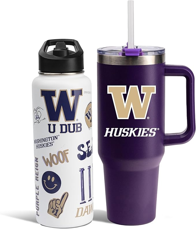 The Memory Company Officially Licensed NCAA 2-Pack Stainless Steel Tumbler Set, 34oz Team Spirit Water Bottle & 40oz Game Day Tumbler with Lid and Straw, BPA-Free Materials, Convenient Straw Design