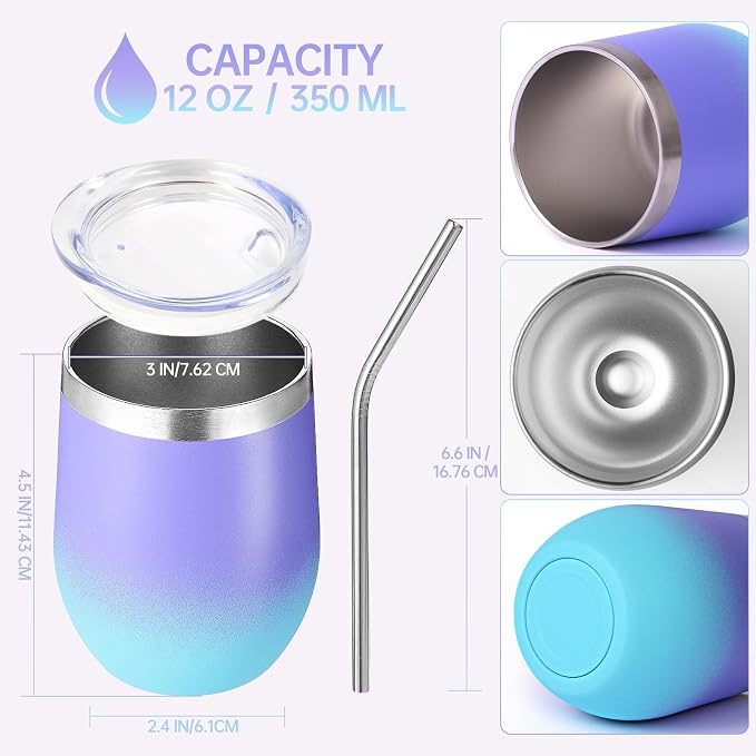 Volhoply 12oz Stainless Steel Wine Tumbler with Lid and Straw,Double Wall Vacuum Insulated Stemless Wine Glasses,Reusable Travel Coffee Mug for Cold Drinks,Tumblers Gifts for Women（Purple Bule,1 Set）