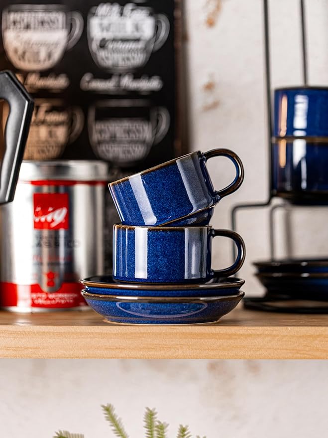 Gomakren 2.5 Ounce Espresso Cups Set of 4, Small Stackable Coffee Cups with Saucers and Metal Stand Father's Day Porcelain Demitasse Cups for Specialty Coffee Drinks, Espresso, Cappuccino, Cobalt Blue