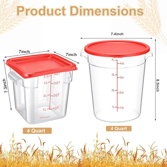 Blushtier 4 Pack Food Storage Container with Lids 4 Qt Square and Round Set Clear Restaurant Commercial Bucket with Handle Scale for Home Restaurant Kitchen Storage Dough Rise Flour(Red)