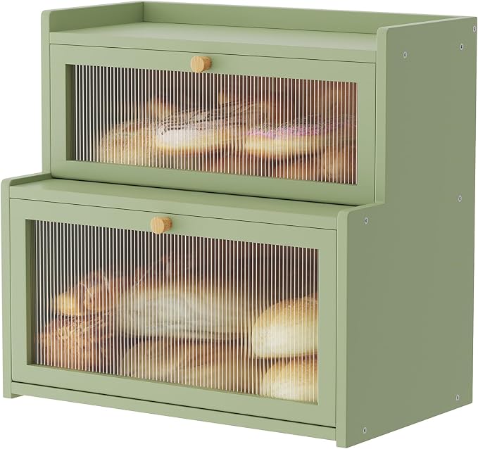 Double Layer Bamboo Bread Box for Kitchen Counter, Countertop Bread Storage Container, Bread Container Bread Storage with Window Bread Holder (Green)