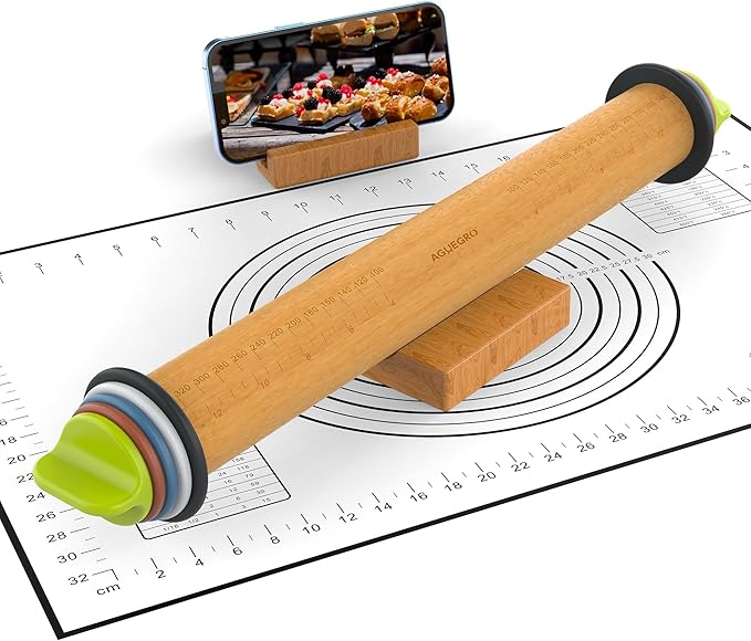 Rolling Pin with Adjustable Thickness Rings and Pastry Baking Mat Dough Thickness for Baking, Fondant, Pizza, Pie, Cookies, Pastries, 13.6" with 4 Multi-Color Thickness Rings and Wooden Stand