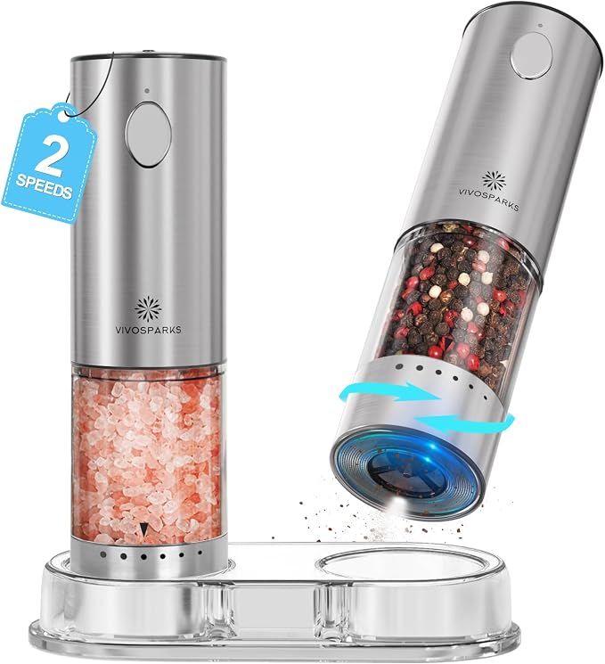 Electric Salt and Pepper Grinder Set, Rechargeable 2-Speed Automatic Mills | USB-C rechargeable, 2 speeds, one-hand automatic, 6 coarseness levels, top-fill 3.2oz, storage base, stainless steel, LED