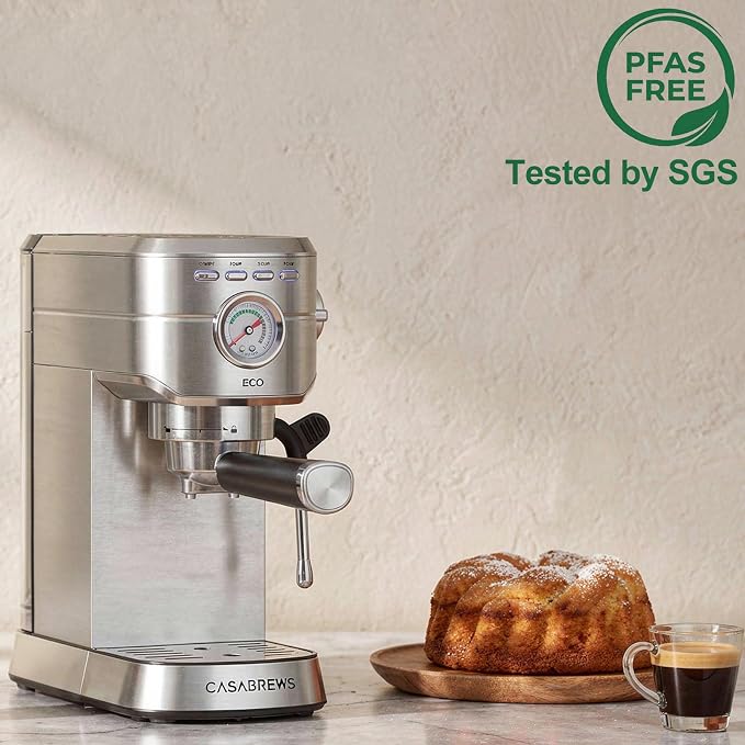 CASABREWS CM5418ECO PFAS-Free Espresso Machine with Milk Frother Steam Wand | Non-Toxic, Stainless Steel, 20-Bar, Built-in Pressure Gauge, Powerful Steam Wand for Cappuccino, Small, 34oz Water Tank