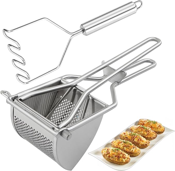 Potato Ricer Set,Heavy Duty Stainless Steel Potato Masher and Ricer for Mashed Potatoes,Vegetables, Professional Kitchen Tool, Press, Large Masher, Press and Mash for Baby Food, Fruit Juices