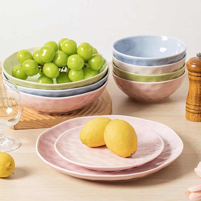 HOMBENE Plates and Bowls Sets, Dinnerware Set 12 Piece Service Porcelain Dinnerware for 4, for Dessert Salad and Pasta, Sakura Pink Dishes