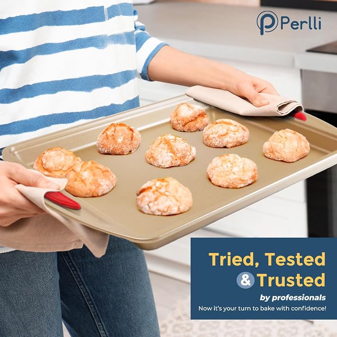 Perlli 10 Piece Baking Set - Nonstick Gold Steel Oven Bakeware With Silicone Handles, Cookie Sheets, Round Cake Pans, 9x13 Pan With Lid, Loaf Pan, Deep Pan, Pizza Crisper, Muffin Pan
