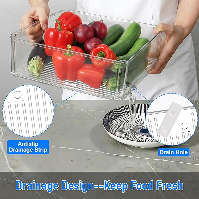 10 Pack Fridge Organizers and Storage, Clear Plastic Storage Bins with Lids , Stackable Food Containers with Drain Boards, Produce Saver for Vegetables, Fruits, Meat, Kitchen Organization and Storage