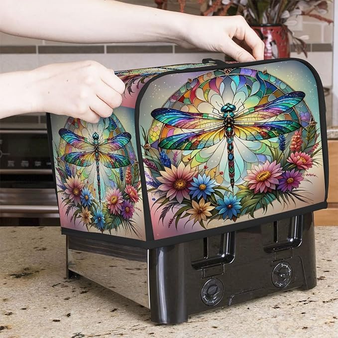 Glass Dragonfly Colorful 2 Slice Toaster Cover Dust And Fingerprint Bread Maker Cover Bakeware Protector Washable Appliance Covers Kitchen Accessories For Home Kitchen Women Gift