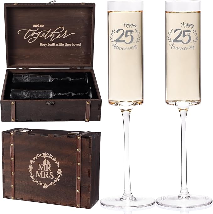 Physkoa Happy 25th Anniversary Champagne Flutes Set – Personalized Silver Wedding Anniversary Toasting Glasses – 2 Hand-Blown Crystal Flutes with Keepsake Box – Anniversary Present for Couple