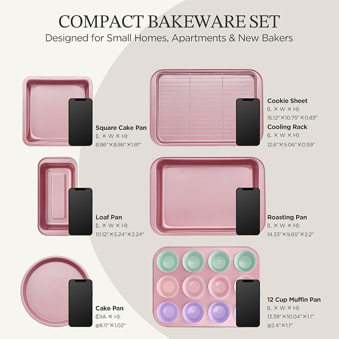 KITESSENSU Baking Pans Sets, Nonstick Bakeware Sets 19-Piece with Round/Square Cake Pan, Loaf Pan, Muffin Pan, Cookie Sheet, Roast Pan, Cooling Rack, Carbon Steel Bake Set Pink