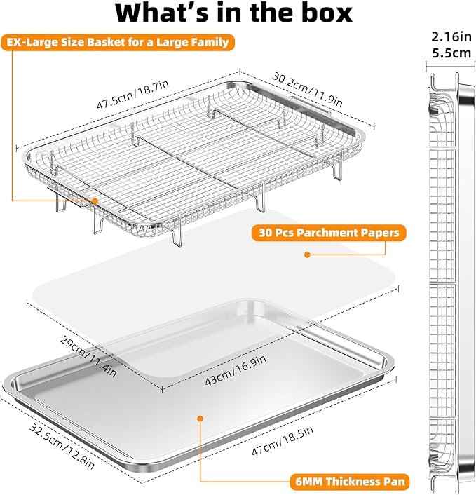 18.6“ x 12.8“ Air Fryer Basket for Oven,YEPATER Extra Large Size Stainless Steel Air Fryer Pan and Crisper Tray with 30 PCS Parchment Paper for Baking Grilling Cooking and Frying