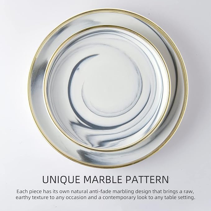 Pokini Marble Gold Rim Dinnerware Sets, Porcelain Plates and Bowls Sets, Modern Luxury Dish Set for 4, White Grey China Dinner Set for Special Occasions, Hand Wash Quickly