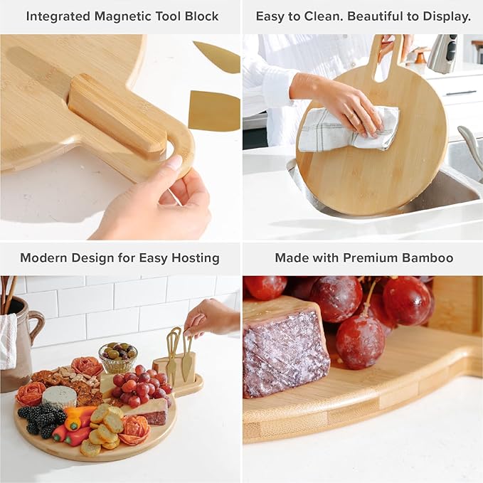Premium Charcuterie Board Set – Kitchen Edge Round Bamboo Cheese Serving Board with Handle & Magnetic Utensil Block, 18in x 14in, Includes 3 Gold Cheese Utensils, Perfect for Entertaining & Gifting
