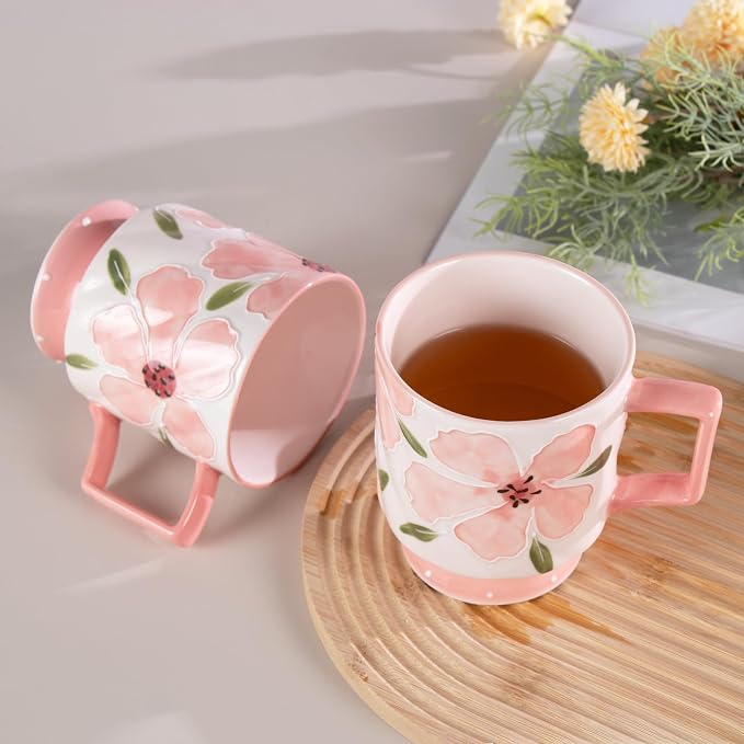 KAMMAK Ceramic Pink Coffee Mug, 15oz Large Mugs Set of 2, Novelty Cup for Tea, Juice, Milk, Cute Porcelain Water Cups with Handle for Women, Dishwasher and Microwave Safe