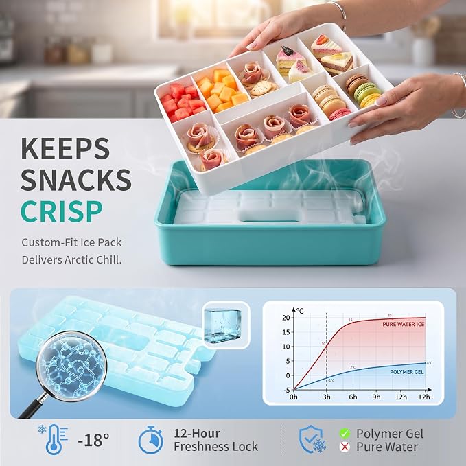 Snackle Box Container with Ice Pack, Reinforced Latches & Large Capacity, Travel Snack Box, Charcuterie Board with Lid, Divided Veggie Tray for Road Trips Picnic Boat Beach Blue