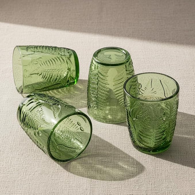 Green Drinking Glasses Set of 4, 10 oz Hand-Pressed Old Fashioned Glass Cups, Fern Textured Retro Lowball Tumblers, Vintage Glassware for Water, Whiskey, Wine, Cocktails & Juice, Housewarming Gift Set