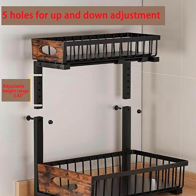 Adjustable Under Sink Organizer, 2-Tier Pull Out Cabinet Storage Drawer, Heavy Duty Sliding Shelf with Wooden Handle, Space Saving Organizer for Kitchen Bathroom Laundry Closet（1 Pack）