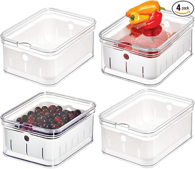 iDesign Small Fridge Berry Bin with Removable Colander Basket and Lid - Set of 4 - Clear/White