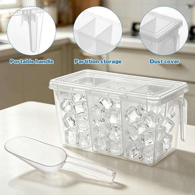 CIEOVO 2 Set 3 Divided Ice Bin for Freezer with Lid and 2 Scoop Set Plastic Freezer Ice Bin with Pull-Out Handle Clear Storage Bucket Kitchen Food Storage Organizer for Home Office Fridge Kitchen