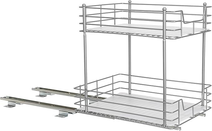 Household Essentials Glidez Steel Pull-Out/Slide-Out Storage Organizer with Plastic Liners for Under Cabinet or Wire Shelf Use - 2-Tier Design - Fits Standard Size Cabinet or Shelf, Brushed Silver