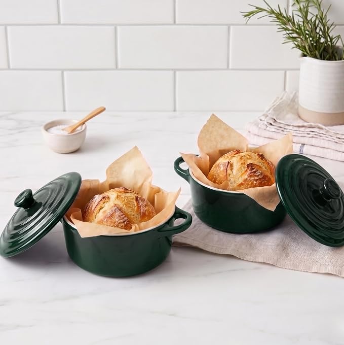 Kook Ceramic Mini Cocotte, Casserole Dish with Lid, 500F, 12 oz, Set of 4, Forest Green