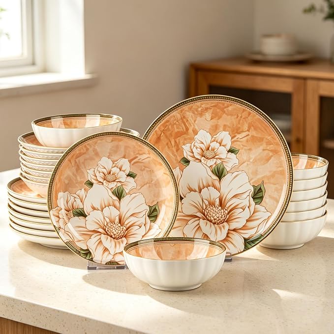 24 Pcs Service for 8 Ceramic Dinnerware Set, Elegant Camellia | Thanksgiving Dinner, Vintage Table Deco, Stackable Porcelain Plates and bowls, Microwave & Dishwasher Safe