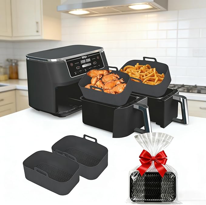 Silicone Air Fryer Liners for Ninja - Reusable 8 Qt Bowl for Foodi DZ201 Dual Basket Airfryer - Rectangular 2-pack 2025 Upgraded Food Safe Silicone Baking Tray Red (GRAY & BLACK)