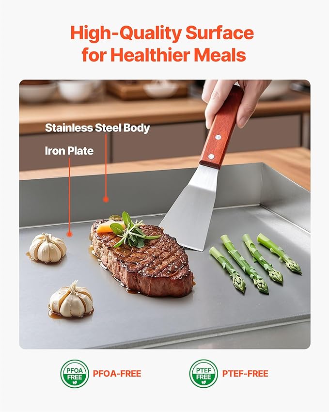 VEVOR Commercial Electric Griddle, 21 x 11.8 inch, 1750W, 122-570°F Adjustable Temp Control, Stainless Steel Countertop Flat Top Grill with 2 Spatulas, 2 Brushes and 4 Foot Pads, for Steak, Pancake