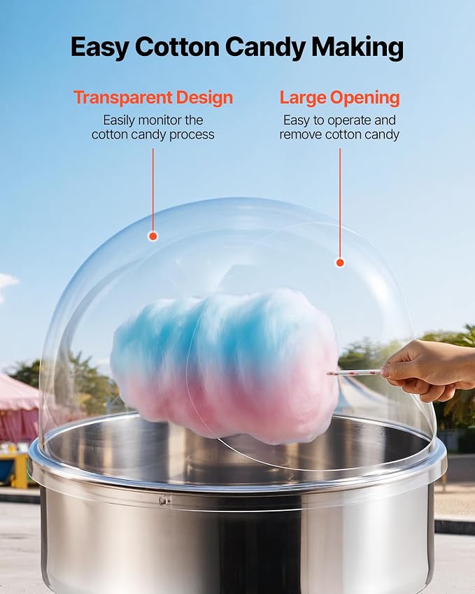 VEVOR Cotton Candy Machine Cover 21 Inch, Acrylic Dome Bubble Shield Compatible with 20 inch Commercial Cotton Candy Floss Maker Bowl for Party, Shops, Bottom Groove Design, Transparent