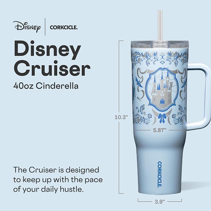 Corkcicle Cruiser Insulated Tumbler with Handle & Straw - Keeps Beverages Cold 20 Hours - Triple Insulated - Summer Drinkware Gift - Keeps Drinks Ice Cold - 40 oz - Princess Cinderella