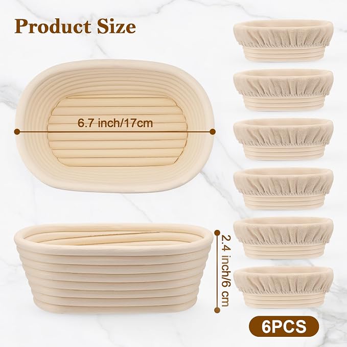 6.5 Inch Banneton Bread Proofing Basket Oval Mini Banneton Basket Set of 6, Small Sourdough Proofing Basket with Liner Rattan Sourdough Baking Supplies for Home Bread Baking