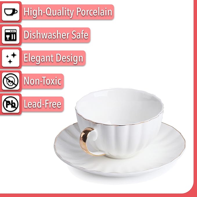 BTaT- Cappuccino Cups with Saucers 7 oz, Set of 6, Golden Trim Design | White Porcelain Coffee Cup Set, Dishwasher Safe, Ideal for Mocha Tea Au Lait Flat