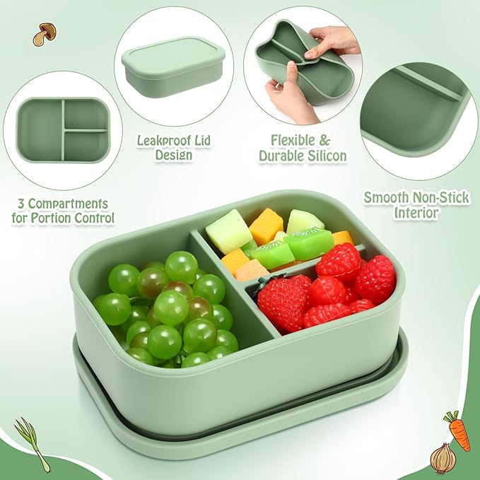 Honeydak 4 Pcs Silicone Bento Box for Adults, 3 Compartment Lunchable Food Container for Women Men, Leak Proof Microwave Dishwasher Freezer Safe (Olive Green)