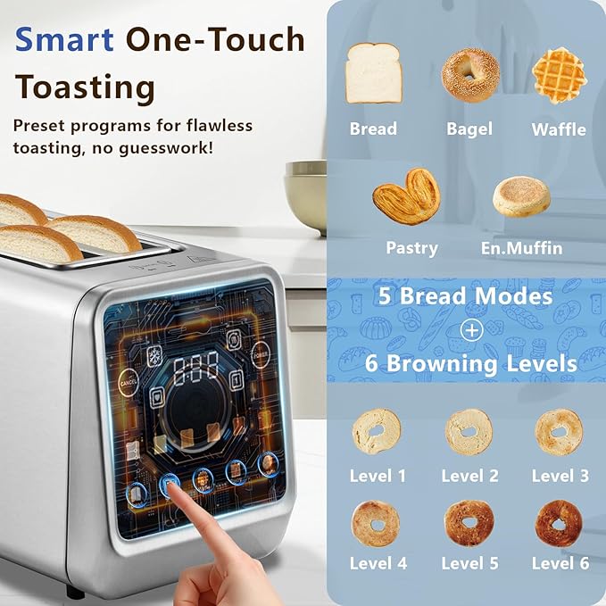 SAKAMOSH Smart Toaster 4 Slice, Touch Screen, Digital Toasters with 6 Browning Levels & 5 Bread Types, Bagel, Extra Long Wide Slots, Memory Function, Timer, 1400W, Stainless Steel
