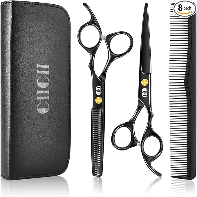 CIICII Hair Cutting Scissors Shears Kit, Professional Barber Haircut Scissors Set (6.7 Inch Hair Beard Hairdressing Trimming Haircutting Thinning Shears) for Men Women Hairdresser Home Salon (Black)