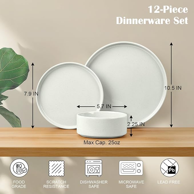 E-far Stoneware Dinnerware Sets, 12-Piece Plates and Bowls Dish Set for 4, Kitchen Modern Dinning Dishware, Chip and Scratch Resistant, Microwave & Dishwasher Safe, Speckled White