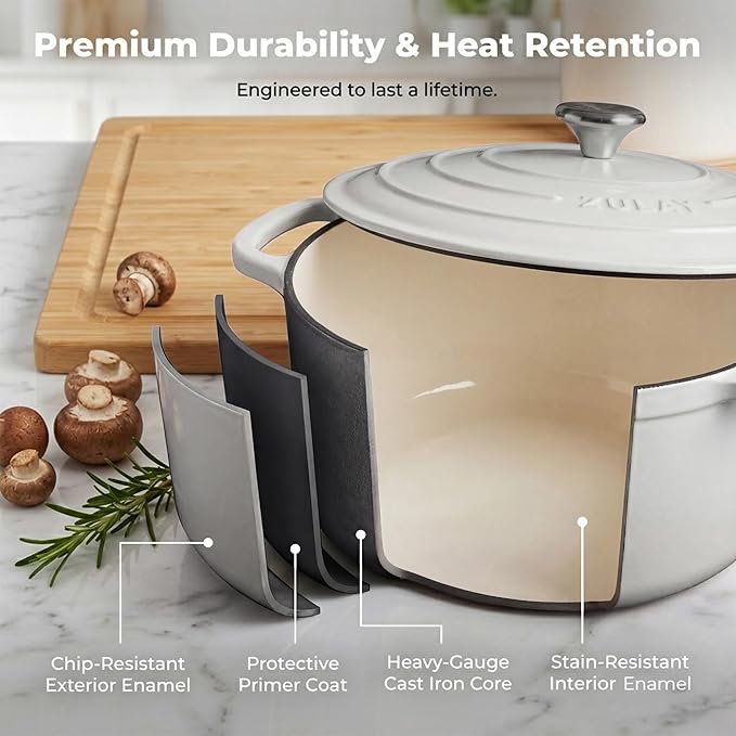 Zulay Kitchen 7.7 Quart Enameled Cast Iron Dutch Oven Pot with Lid – Premium Durability & Oven Safe up to 500°F – Heavy Duty Cookware Perfect for Bread Baking, Stews, Braising & Roasting – White